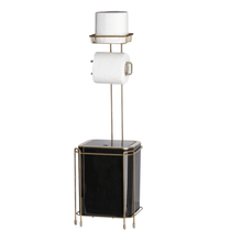 Load image into Gallery viewer, A gold frame bathroom accessory set consisting of a waste bin and a toilet tissue holder, both with a minimalist design on a white background.
