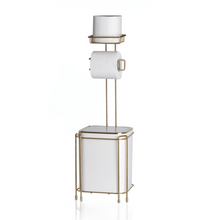 Load image into Gallery viewer, A gold frame bathroom accessory set consisting of a waste bin and a toilet tissue holder, both with a minimalist design on a white background.