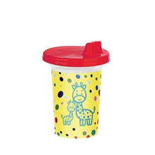 تحميل الصورة في عارض المعرض، A yellow plastic baby tumbler cup with a red lid and a blue giraffe illustration, decorated with multicolored polka dots, on a white background.
