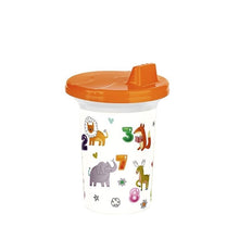 تحميل الصورة في عارض المعرض، A white plastic baby tumbler with a bright orange lid and spout, decorated with colorful safari animal illustrations and numbers, on a plain white background.
