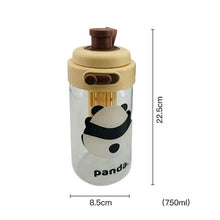 Load image into Gallery viewer, Panda-themed water bottle with beige lid and dimensions displayed.