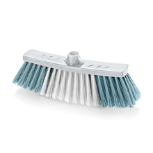 Load image into Gallery viewer, A maxi floor cleaning brush head with polypropylene bristles in white and blue colors, designed to be used with a broom handle for sweeping.