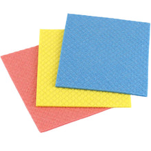 Load image into Gallery viewer, Three solid colored cleaning cloths in red, blue, and yellow, stacked on top of each other.