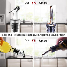 Load image into Gallery viewer, A four-panel comparison graphic showing a metal sauce dispenser bottle in a kitchen setting, with text reading 'Our VS Others' and additional text about sealing against dust and bugs while keeping sauce fresh. The panels include close-ups of the dispenser and a bottle being poured with yellow sauce.