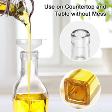 Load image into Gallery viewer, A clear glass bottle with a wide mouth and a white funnel inserted into the neck, while golden oil is poured from a bottle into the container. Text reads 'Use on Countertop and Table without Mess,' with two circular inset close-ups showing the clear bottle opening and the bottom of the container.