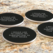 تحميل الصورة في عارض المعرض، Four coasters with humorous text on a marble surface