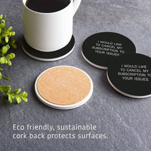 تحميل الصورة في عارض المعرض، Cork coasters with text and a mug on a gray surface