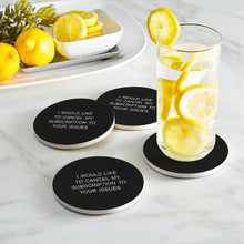تحميل الصورة في عارض المعرض، Set of coasters with humorous text on a marble surface with a glass of lemon water.