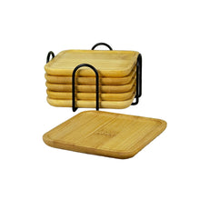 Load image into Gallery viewer, Stack of bamboo trays with a black holder on a textured surface, brand 'El Ameed' visible.