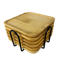 تحميل الصورة في عارض المعرض، Stack of bamboo coasters with a holder on a textured surface, brand 'El Ameed' visible.