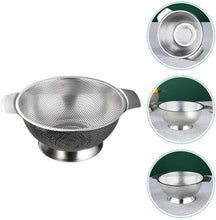 Load image into Gallery viewer, Stainless steel colander with close-up insets on a white background