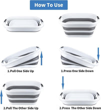 Load image into Gallery viewer, Instructions on how to use a collapsible silicone bowl with images showing the process.