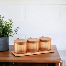 تحميل الصورة في عارض المعرض، Food Storage Containers set - Acrylic Canisters With Wooden Lid , Spoons & Wooden Tray - Set of 3 x 330 ml