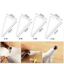 Load image into Gallery viewer, Variety of cream pastry bags for cake decoration, showcasing sizes and a person using the reusable cotton piping bag.