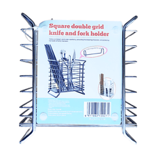 تحميل الصورة في عارض المعرض، A silver square double grid knife and fork holder with a 2-compartment design, including hanging hooks, displayed against a white background.