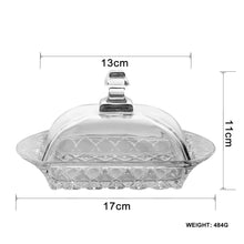 تحميل الصورة في عارض المعرض، Clear glass dish with lid and measurements on a white background