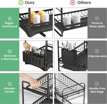 Load image into Gallery viewer, Comparison of a dish drying rack with labeled features and drawbacks.