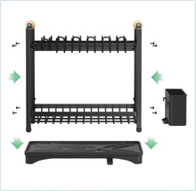 Load image into Gallery viewer, Black metal rack with multiple shelves on a white background