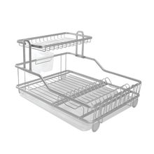 تحميل الصورة في عارض المعرض، A two-tier rustproof aluminum dish drying rack with a drainboard and utensil holder, in a rose gold matte finish.