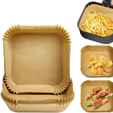 Load image into Gallery viewer, Stack of beige square disposable paper liners for air fryers, shown in use with food items like fries and chicken tenders, and a close-up of the paper liner texture.