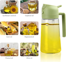 تحميل الصورة في عارض المعرض، A clear plastic and glass oil dispenser with a light green lid and handle, filled with yellow oil, shown on a white background alongside six inset photos of different oils: sunflower seed oil, soybean oil, corn oil, rapeseed oil, peanut oil, and olive oil.