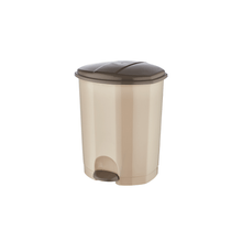 Load image into Gallery viewer, An oval-shaped beige dustbin with a pedal lid, featuring a slim lidded top and a rectangular shape. The bin appears to have a darker color at the top and a lighter color at the bottom.