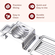 Load image into Gallery viewer, A stainless steel multi-slice egg cutter shown on a white background, with four feature callouts above: Precision Slicing, Quick and Easy to Use, Easy to Clean, and Durable Material.