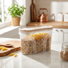 Load image into Gallery viewer, Clear kitchen container with a wooden lid on a white background