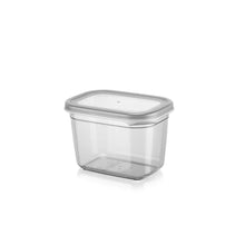 Load image into Gallery viewer, Clear rectangular food container with a gray lid on a white background