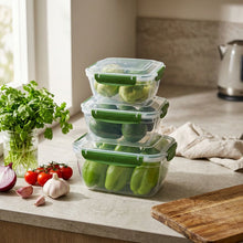 تحميل الصورة في عارض المعرض، Set of three green food containers with lids on a white background