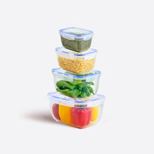Load image into Gallery viewer, Stack of four transparent food storage containers with square lids on a white background