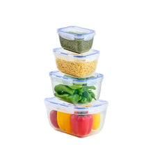 تحميل الصورة في عارض المعرض، Stack of four transparent food storage containers with square lids on a white background