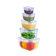 Load image into Gallery viewer, Stack of five clear food storage containers with lids on a white background