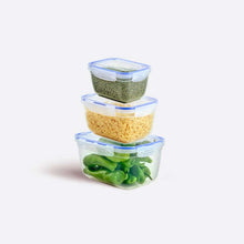 تحميل الصورة في عارض المعرض، Stack of four clear food storage containers with different contents on a white background