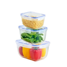 Load image into Gallery viewer, Stack of three clear food storage containers with lids on a white background