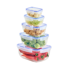 Load image into Gallery viewer, A set of five sealed rectangular food storage containers in various sizes, stacked together, with the contents visible through the transparent containers. The contents include what appears to be nuts, leafy vegetables, and bell peppers.