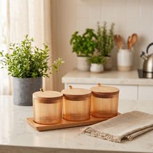 Load image into Gallery viewer, Food Storage Containers set - Acrylic Canisters With Wooden Lid , Spoons & Wooden Tray - Set of 3 x 330 ml