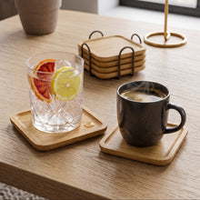 Load image into Gallery viewer, 6-Piece Coaster Set - Bamboo Drink Coasters with Iron Holder | Natural Wood Table Protection