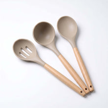 Load image into Gallery viewer, 3-Piece Silicone Kitchen Utensil Set - Heat-Resistant Cooking Spoons & Soup Ladle with Wooden Handles (Beige)