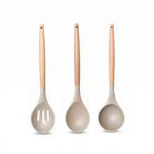 تحميل الصورة في عارض المعرض، 3-Piece Silicone Kitchen Utensil Set - Heat-Resistant Cooking Spoons & Soup Ladle with Wooden Handles (Beige)