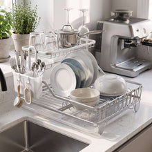 Load image into Gallery viewer, 2-Tier Rustproof Aluminum Dish Drying Rack | Space-Saving Kitchen Drainer with Utensil Holder - Silver