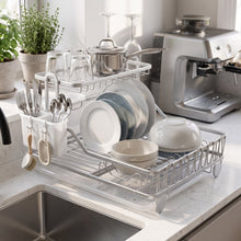 تحميل الصورة في عارض المعرض، 2-Tier Rustproof Aluminum Dish Drying Rack | Space-Saving Kitchen Drainer with Utensil Holder - Silver