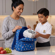 Load image into Gallery viewer, 3 Compartment Vera Kids Lunch Box with Fun Graphics (15x15x9.2cm) | Built-In Cutlery & School Meal Container