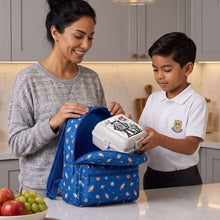 Load image into Gallery viewer, 3 Compartment Vera Kids Lunch Box with Fun Graphics (15x15x9.2cm) | Built-In Cutlery & School Meal Container