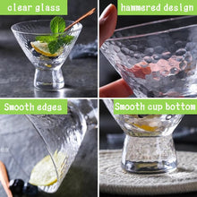 Load image into Gallery viewer, Collage of clear glass with different design features labeled 'clear glass', 'hammered design', 'smooth edges', and 'smooth cup bottom'.