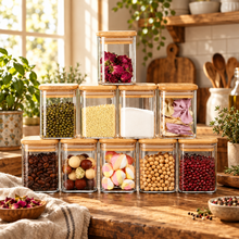 Load image into Gallery viewer, Stack of glass containers with wooden lids, each filled with different food items, on a neutral background.
