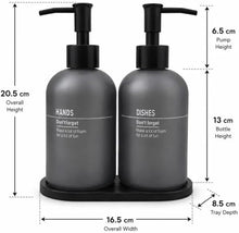 Load image into Gallery viewer, Soap dispenser set with dimensions: 20.5 cm high, 16.5 cm wide, tray 8.5 cm deep