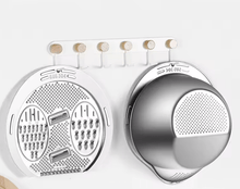 Load image into Gallery viewer, Stainless steel multifunction grater and strainer lids hanging on a wall organizer for kitchen convenience.