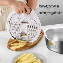 Load image into Gallery viewer, Multi-functional vegetable cutter with sliced vegetables on a wooden stand