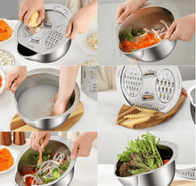 Load image into Gallery viewer, Collage showing multifunction stainless steel bowl in use for grating, slicing, and washing vegetables.